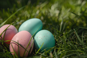 Easter Eggs: Green and Pink on Spring Green Grass - Vibrant Festive Decor