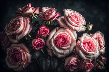 Beautiful bouquet of pink roses, flowers on a dark background.