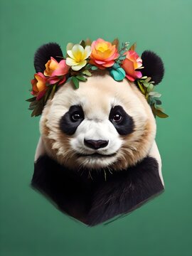Close up, panda wearing a colorful big flower crown. Very minimalistic style, green background.