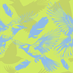 Seamless pattern of blue birds. hand drawing. Not AI, Vector illustration