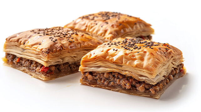 Golden brown baklava with sesame seeds on a white background. Close-up photography of layered phyllo pastry filled with nuts, Middle Eastern dessert concept with copy space. Design for sweet food menu