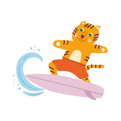 Animal surfing. Vector cute surfer tiger on surfboard. Funny summer sport illustration, leisure, beach activity design hand drawn in childish style. Funny surfer isolated element. - 760795701