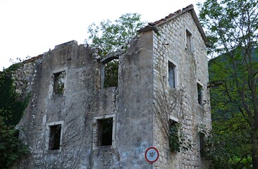 Fototapeta na wymiar A collapsing stone house, trees growing through the collapsed roof