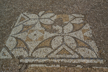 ancient stone mosaic, NORA, RUINS OF THE PHOENICIAN, PUNIC AND ROMAN CITIES. Pula, Cagliari, Sardinia. Italy - obrazy, fototapety, plakaty