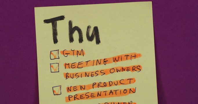 Post it papers changinf on purople background. Sticky notes, Time management, Planning concept. Top view, 4K stop motion animation.