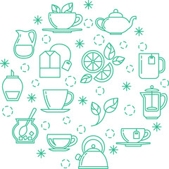 Tea line icon set in round doodle shape