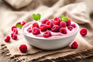 Pink bowl of greek yogurt and fresh raspberries on linen napkin isolated on white background 