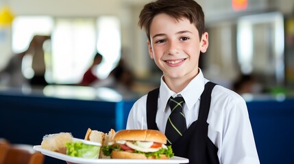 Young happy schoolboy holding a tray with a sandwich standing in a school cafeteria. Small boy in a school uniform holding a sandwich while smiling and looking at the camera. School child at lunch. - 760796594