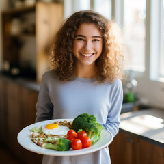 Portrait of a happy young girl holding a plate with a fried egg and broccoli. Smiling cheerful girl holding a plate with a healthy breakfast meal while standing in the kitchen on a blurred background. - 760796595