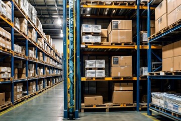 Obraz premium Warehouse with many boxes stacked on shelves. The warehouse is very organized and clean