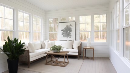Fototapeta premium Sunroom featuring crisp white shiplap and gunmetal gray stucco floors.