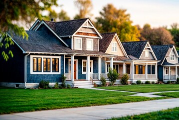 A row of houses with a green lawn in front of them. The houses are all different colors and styles, but they all have similar designs. Real estate concept