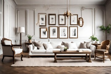 Classic style home interior design of modern living room. Rustic coffee tables near white sofa against wall with frames.  