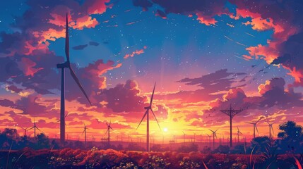 Wind turbines playing tag with the clouds at sunset for a renewable energy childrens book illustration