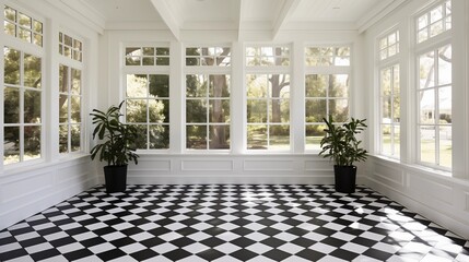 Fototapeta premium Sunroom featuring crisp white walls and matte black concrete tile floors.
