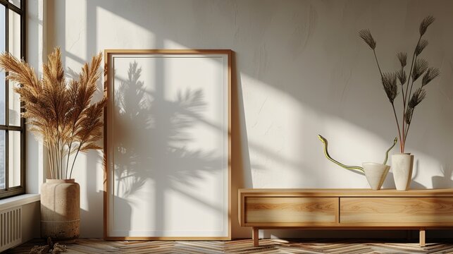 A modern mock up photo of a thin-framed wooden picture frame sitting on a peach dresser leaning against a white wall, snake plant , generated with AI