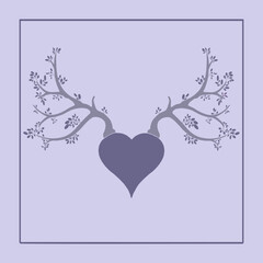 Fantasy vector illustration of a heart with antlers made from trees and branches and leafs- forest love
