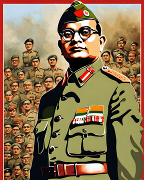Netaji Subhas Chandra Bose Painting Portrait. Creative concept of 23 January Parakram Diwas.