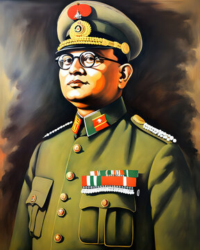 Netaji Subhas Chandra Bose Painting Portrait. Creative concept of 23 January Parakram Diwas.