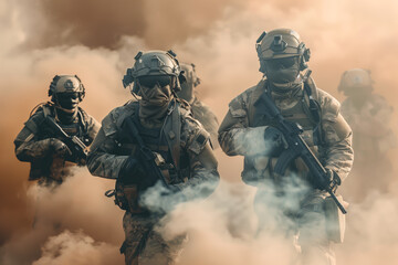 Several modern soldiers fully equipped facing the camera in a dusty and smoggy environment