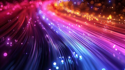An artistic rendering of colored electric cables and optical fibers, spiraling outwards with LED lights at their core. The intense colors fade into the darkness around the edges, generated with AI - obrazy, fototapety, plakaty