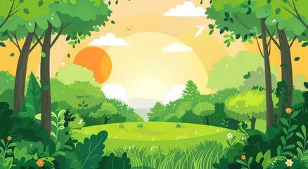  Green forest landscape vector cartoon illustration with sunset, trees and mountains © Marina