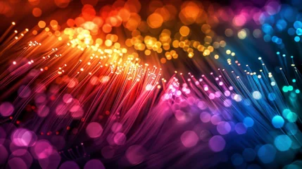 Foto op Plexiglas An artistic rendering of colored electric cables and optical fibers, spiraling outwards with LED lights at their core. The intense colors fade into the darkness around the edges, generated with AI © sch_ai
