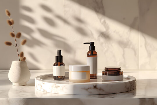 A set of luxury decorative cosmetics and makeup accessories on a light dressing table. Cosmetics mockup. Beautiful cosmetics banner