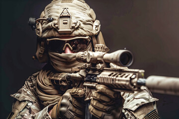 Portrait soldier or private military contractor holding sniper rifle - obrazy, fototapety, plakaty