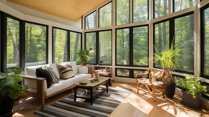 Obraz premium Sunroom featuring light maple hardwoods and black stained wood trim.