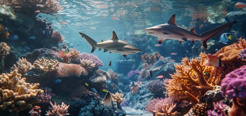 Sharks swimming among coral formations in a reef environment