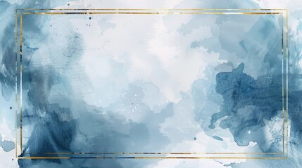 Blue Watercolor Background With Thin Golden Frame