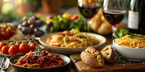 Exquisite Italian ingredients and wine laid out elegantly in a fine dining setting. Concept Italian Cuisine, Fine Dining, Exquisite Ingredients, Elegance, Wine Pairing