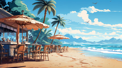 Illustration of an outdoor cafe on the beach near the sea on a sunny day. Detailed picture of a small outdoor coffee shop with tables and wooden chairs standing in the near the ocean water beautiful. - obrazy, fototapety, plakaty