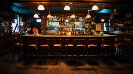 Bar counter with dim lights and empty chairs. Big old fashioned bar stand with many bottles and dim lamps with high bar chairs. Old style bar hall interior with wooden furniture, floors and big bulbs. - obrazy, fototapety, plakaty