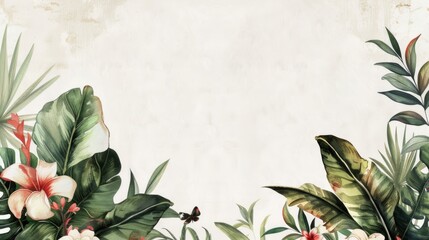 Background For Invitation In Style Of TropicalFlowers And Leaves Painting - obrazy, fototapety, plakaty