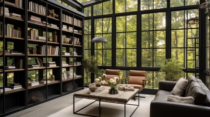 Naklejka premium Sunroom featuring matte black industrial metal windows and shelving.
