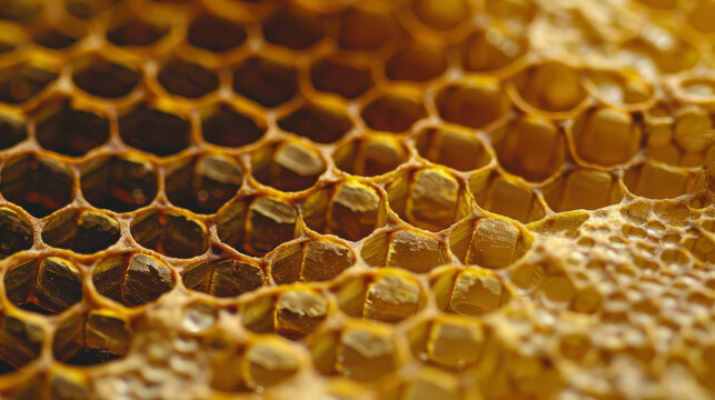 An extreme closeup of a beehive filled with golden honey.