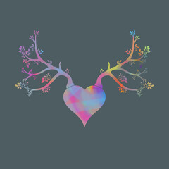 Fantasy  illustration of a heart with antlers made from trees and branches and leafs- forest love
