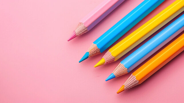 A row of blue, yellow and pink pencils on pink background with copyspace. Beautiful color pencils. Back to school concept.