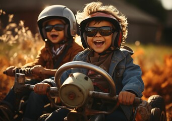 Two young children are riding in a toy car, one wearing a helmet and sunglasses