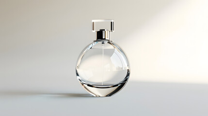 Obraz premium Isolated small simple clear bottle of male cologne perfume isolated on white background with beautiful soft light and shadow, a lot of space for copy paste text