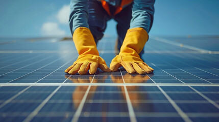 A technician in yellow gloves installing photovoltaic solar panel system on the rooftop. Alternative energy concept. - obrazy, fototapety, plakaty