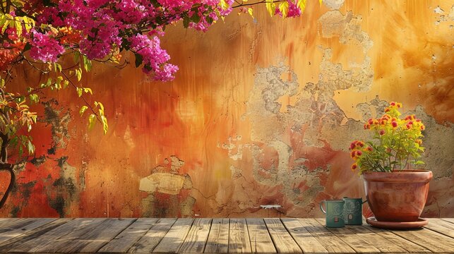 Painting of a Horeca kitchen scene, orange wall background, , generated with AI