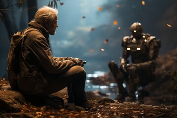 Human sitting with a robot in forest