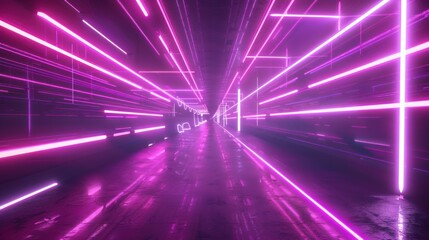 Naklejka na ściany i meble Glowing purple laser neon lights tunnel neon backgrounds. AI generated image