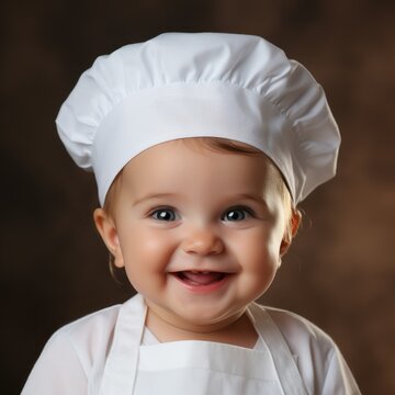 Happy little boy in a costume of a cook chef. Smiling small boy in a white cook's suit. Cute cheerful child in a chef's outfit looking at the camera standing on a blurred dark gray background.