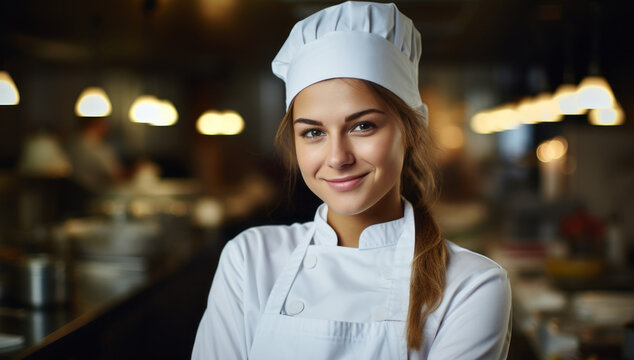 Portrait of a young female chef standing on the background of a kitchen. Smiling beautiful woman chef in the kitchen on a blurred background. Happy blonde female cook wearing a white chef's uniform.