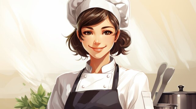 Illustration of a young female chef standing on the background of a kitchen. Portrait of a beautiful smiling woman chef in the kitchen. Happy ai generated female cook wearing a white chef's uniform.