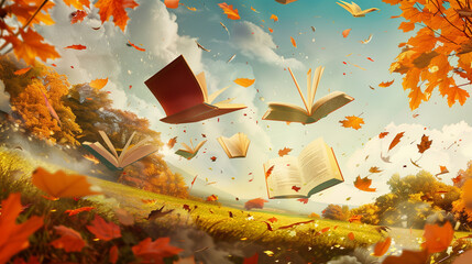 Illustration for your books for autumn recommendations : Various books are flying through a typical autumn landscape with leaves falling to the ground